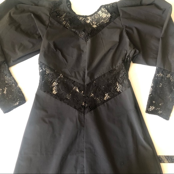 H & M Black Lace Solid Patch work Midi A line Puffed Sleeve Classic Gothic Dress - Picture 9 of 9